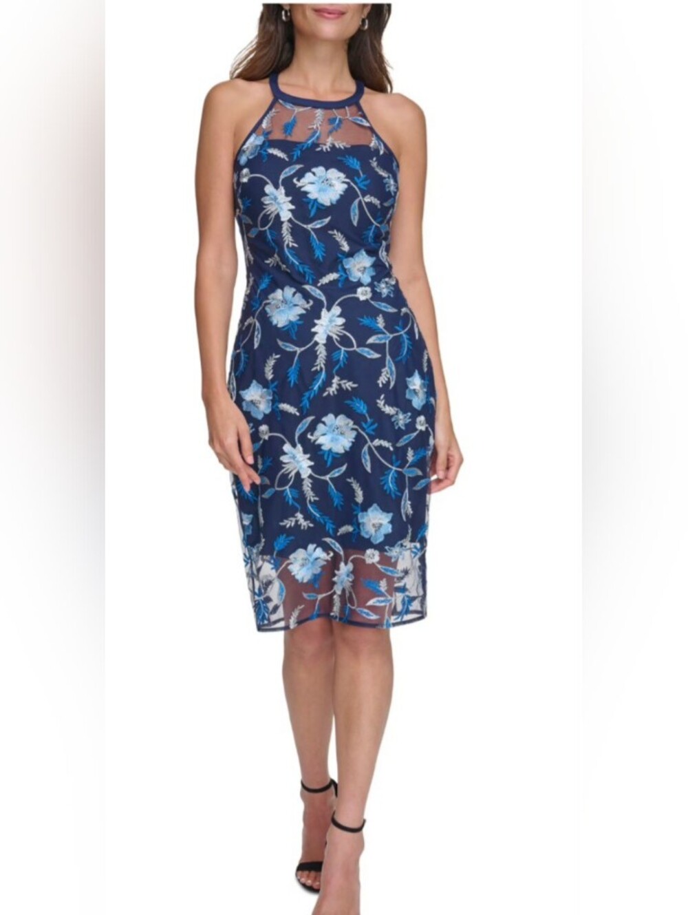 Guess Navy Halter  Floral Embroidered Mesh Midi Dress. NWOT. Size 12
